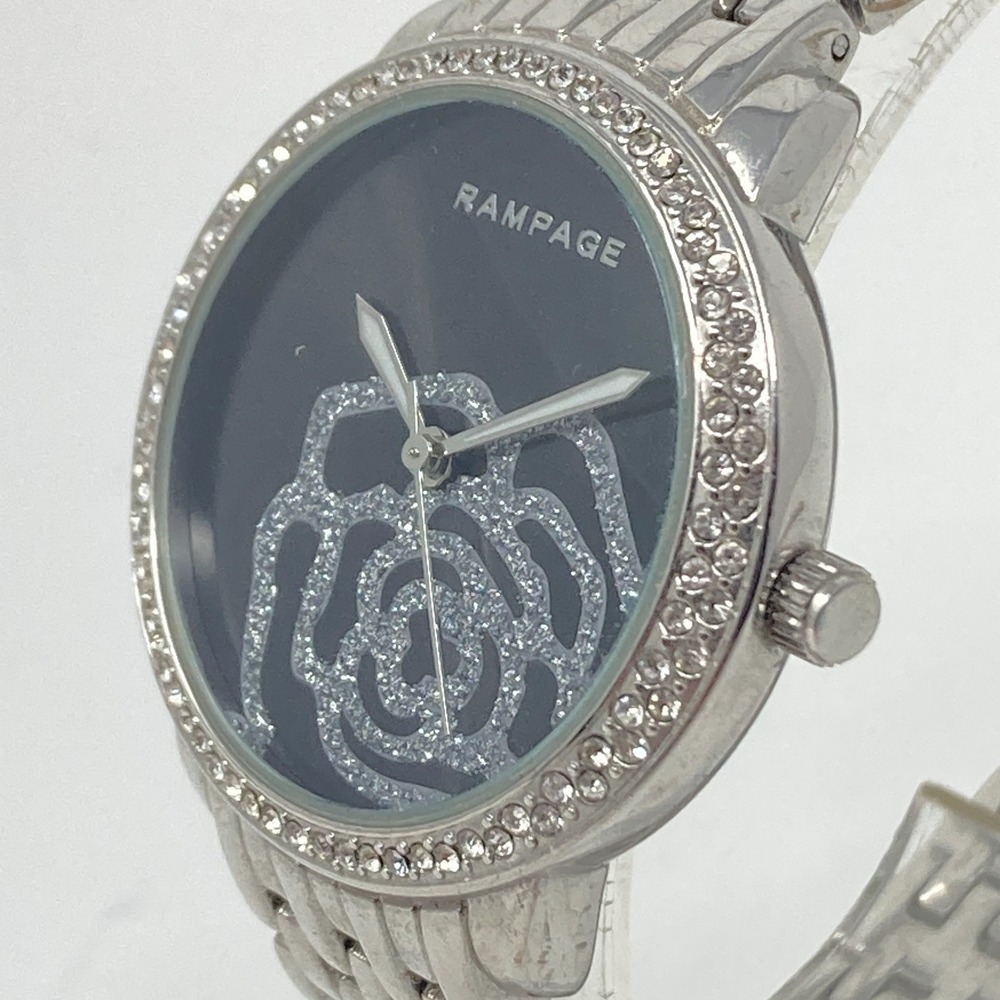 Rampage Womens Watch 36mm Floral Crystals Silver Tone Black Bling New Battery 8"